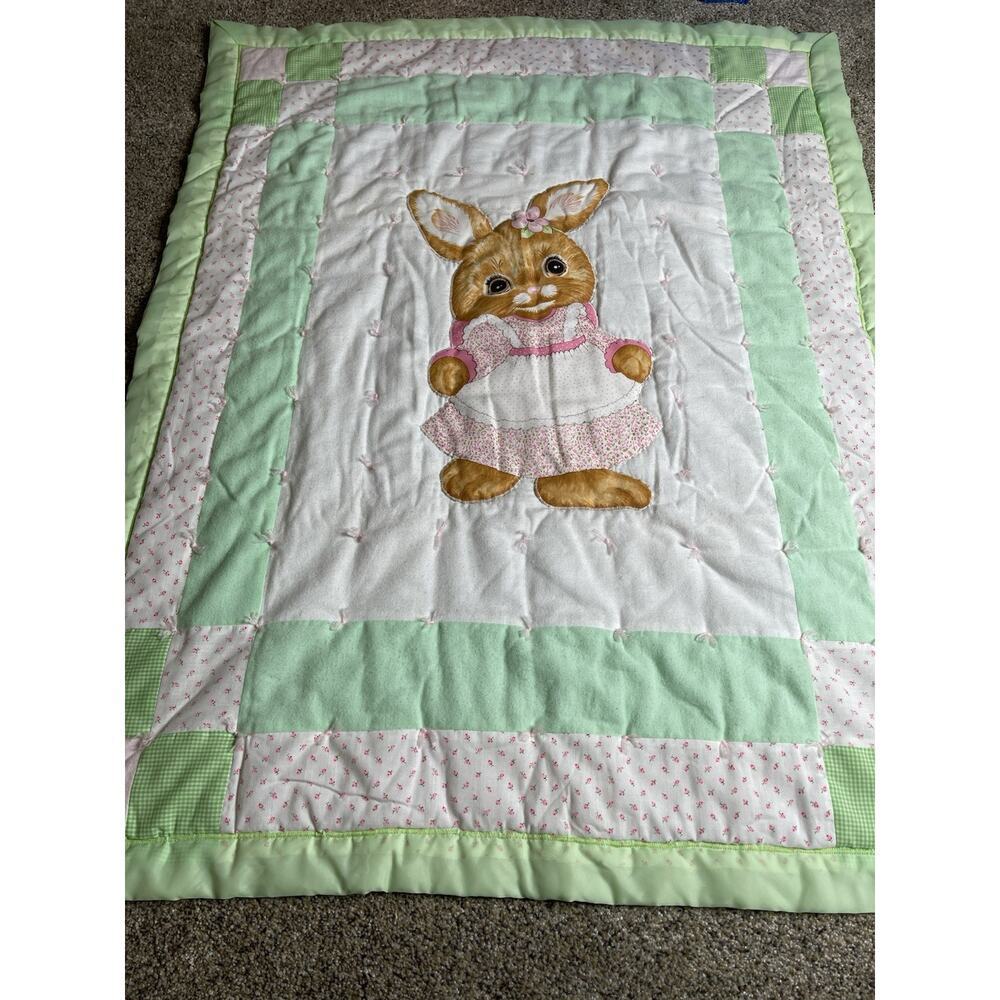 Vintage Bunny Quilt Patel Green Double Sided Lap Blanket Crib Nursery Decor